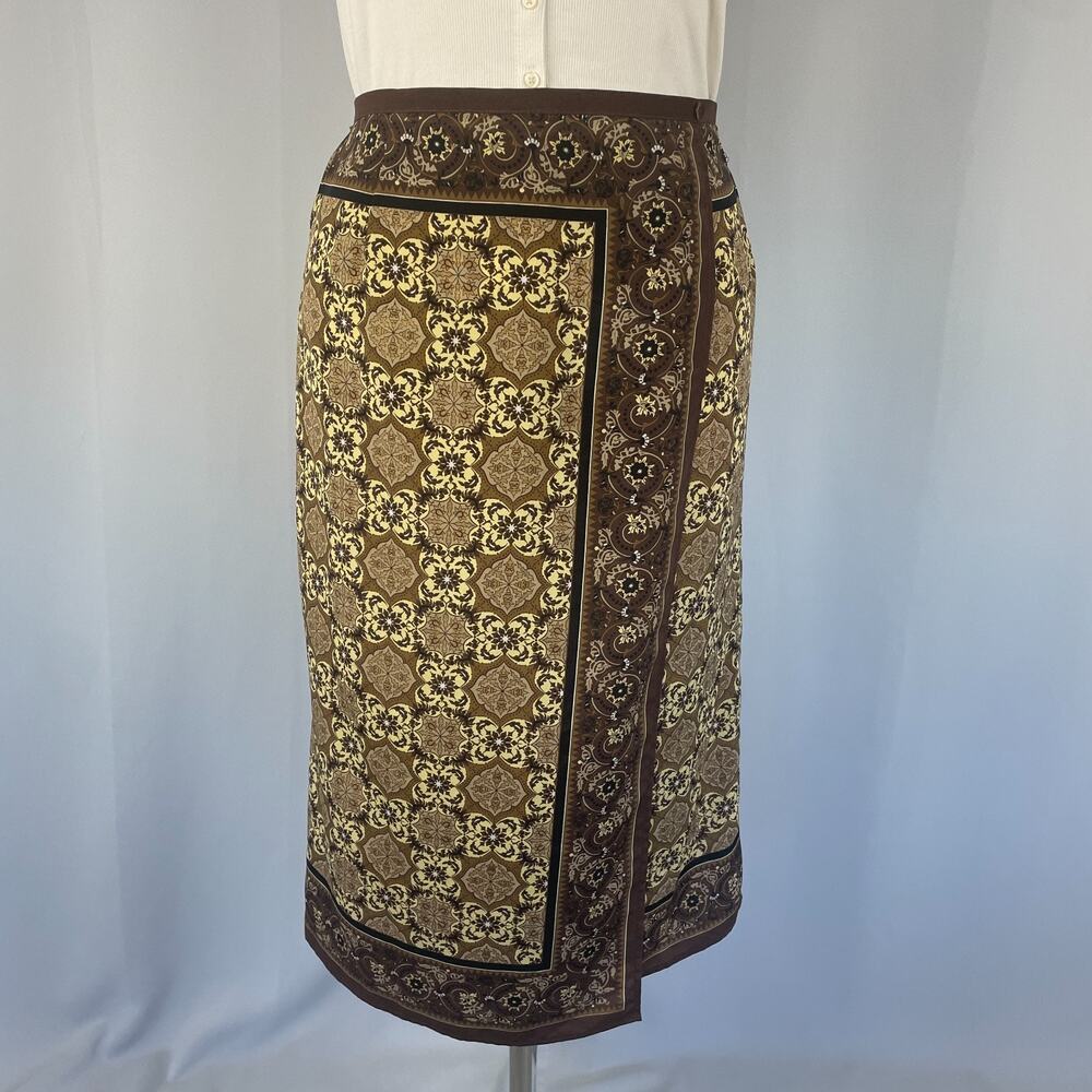Y2K Midi Skirt Size 14 Brown Medallion Scarf Print Faux Wrap Column Boho Vtg 90s